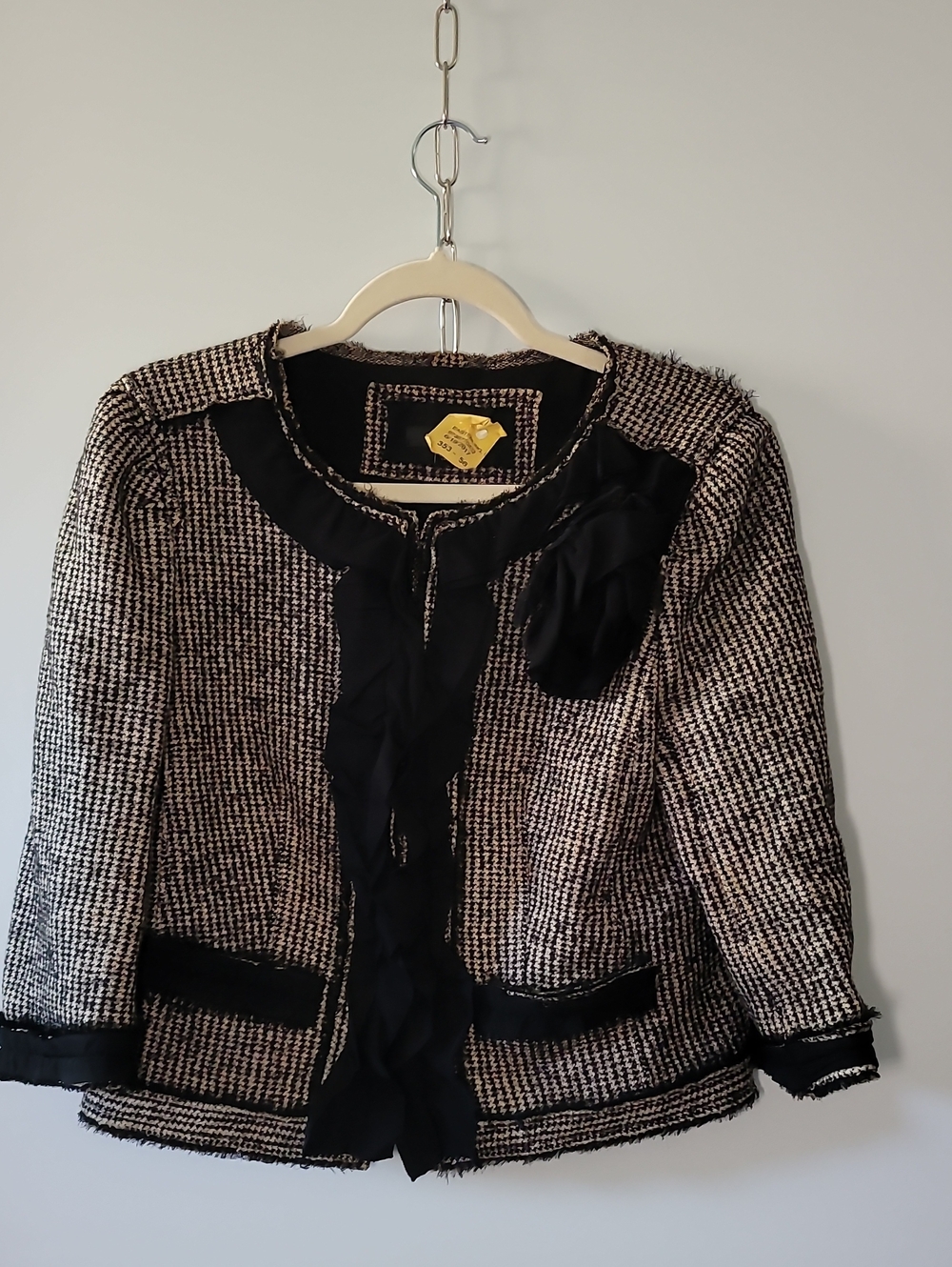 Ann Taylor Black and White Tweed Cropped Blazer with Ruffle Trim
